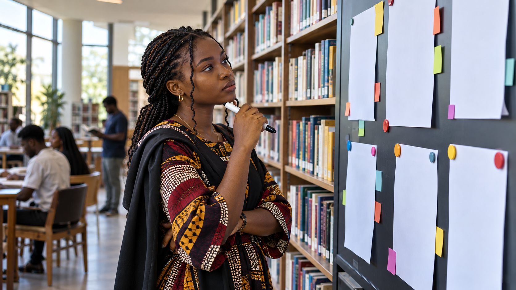 Nigerian graduate compares scholarship option sheets on a library board