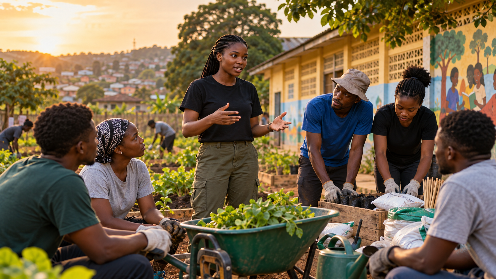 Student volunteer coordinates a small team working together in a community garden