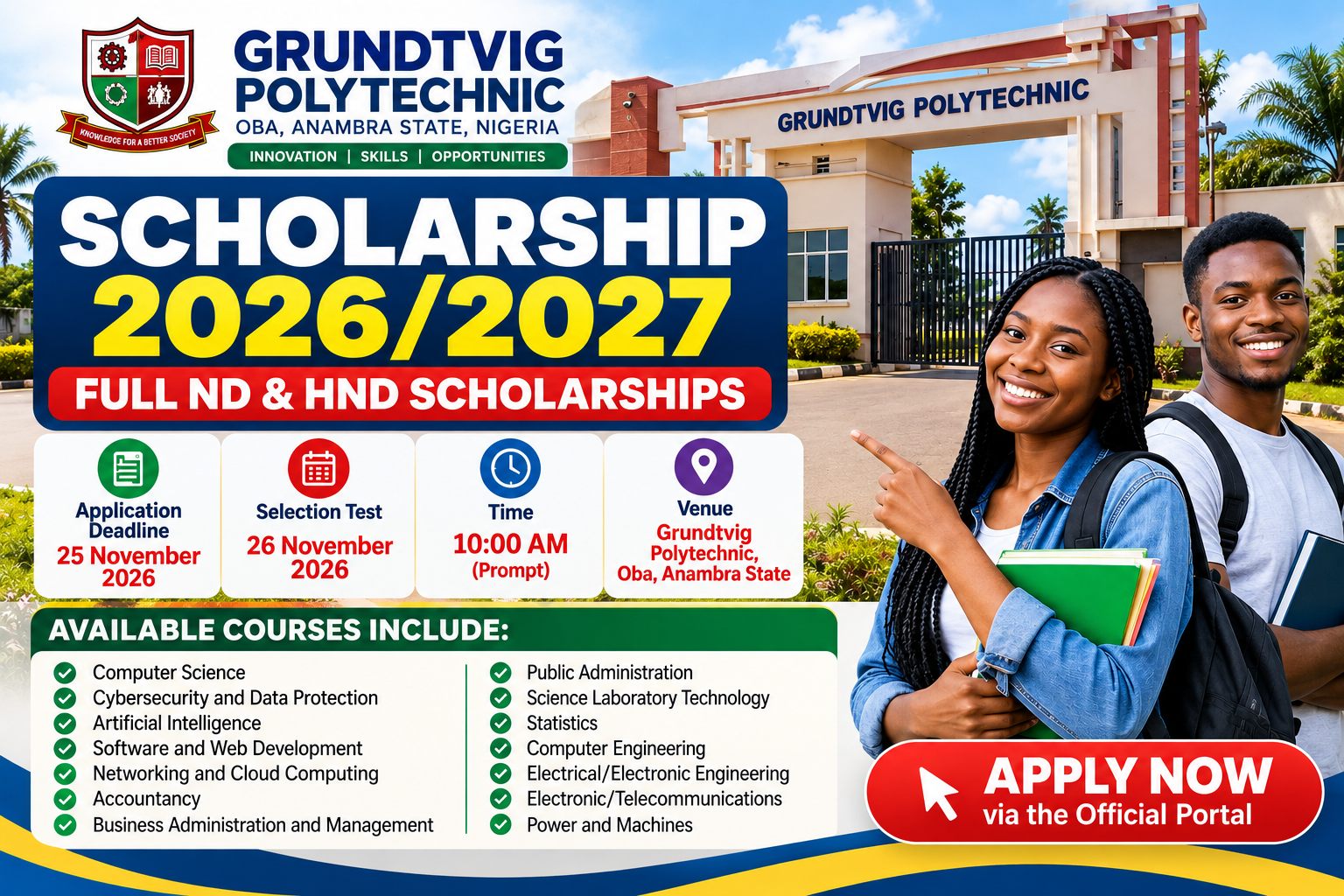 Scholarship announcement infographic for Grundtvig Polytechnic ND and HND 2026/2027