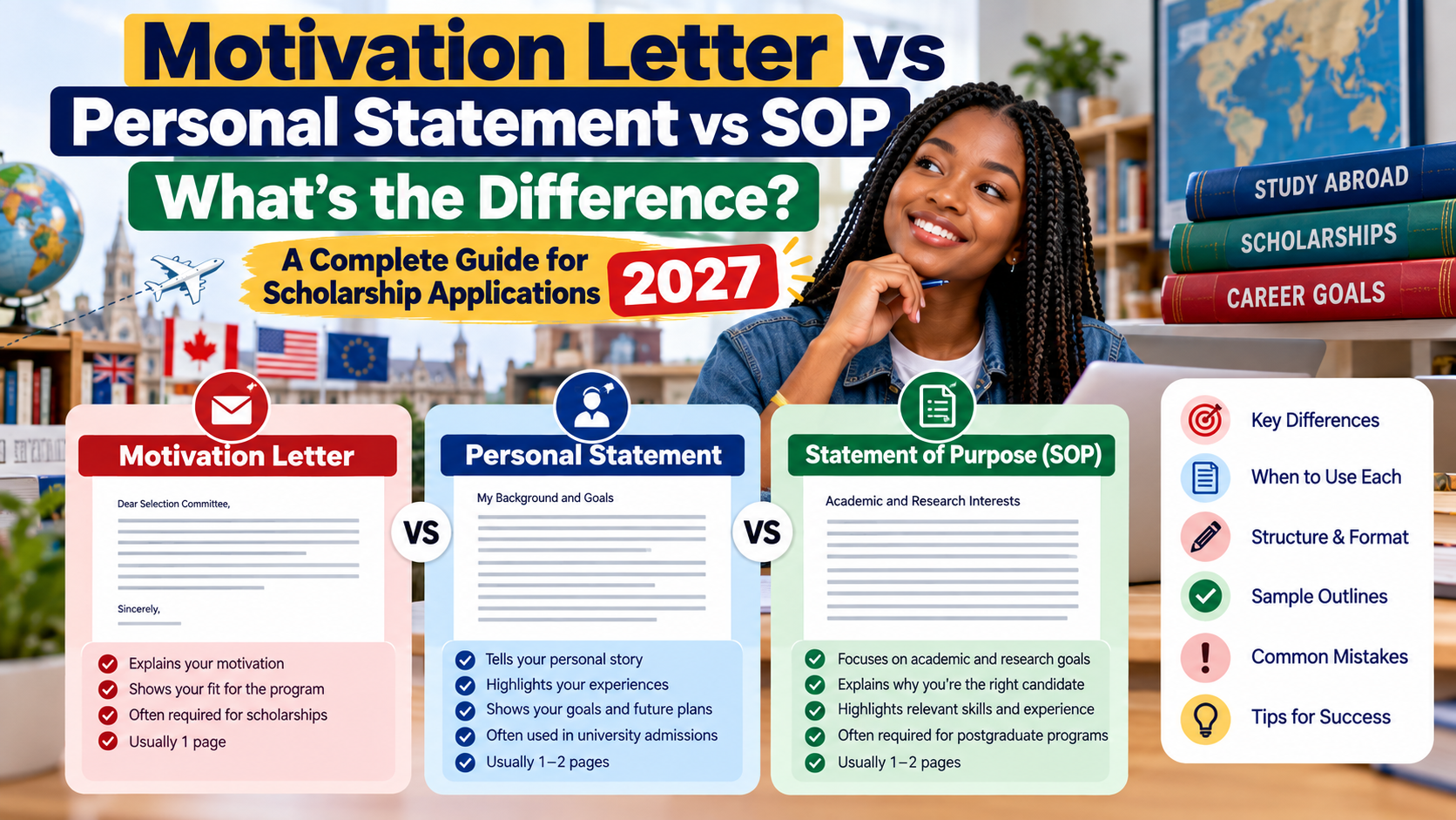 African student comparing a motivation letter, personal statement and statement of purpose for scholarship applications