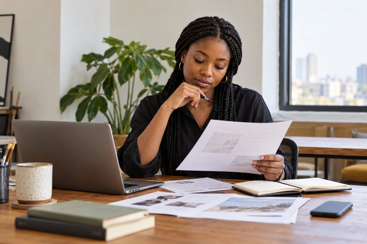 Young African professional reviewing portfolio pages beside a laptop.