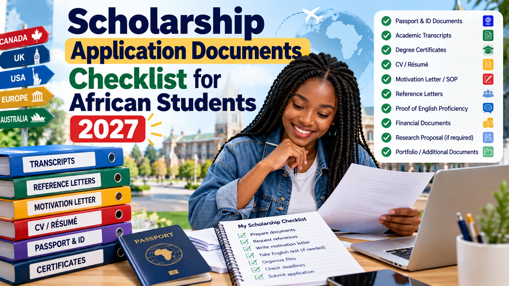 African student reviewing passport, transcripts, references and other scholarship application documents for 2027