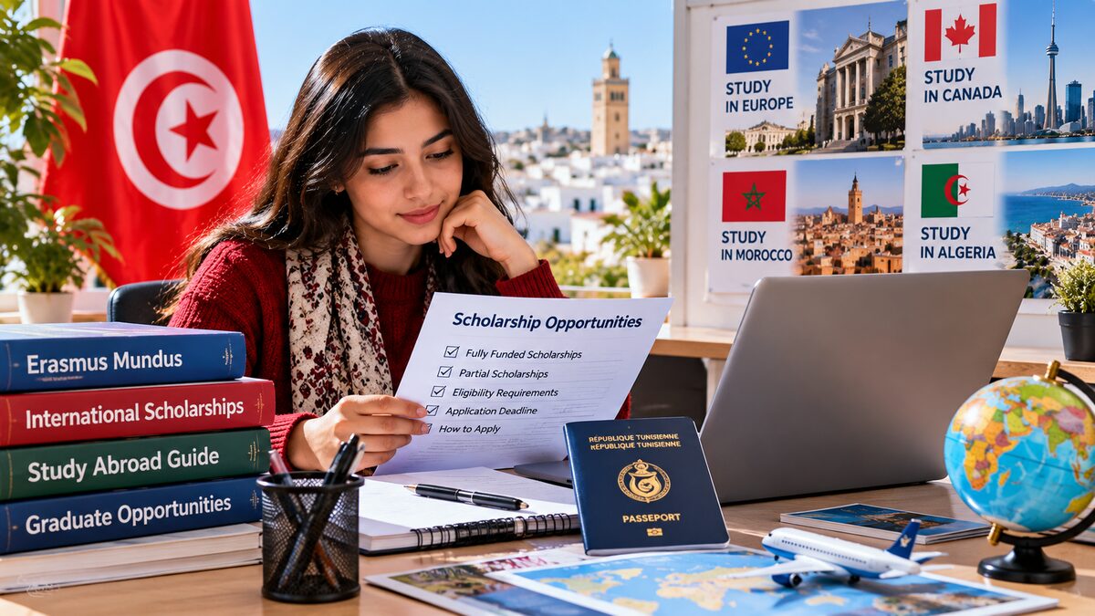 Tunisian student reviewing international scholarship opportunities for Europe, Canada, Morocco and Algeria